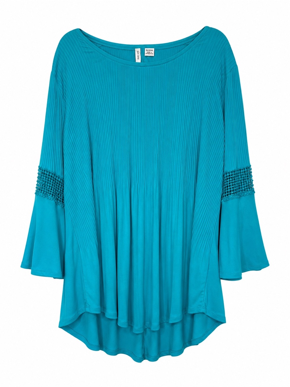 Cato Women’s Teal Pleated Tunic Top Crochet Bell Sleeve Plus Size 18/20W